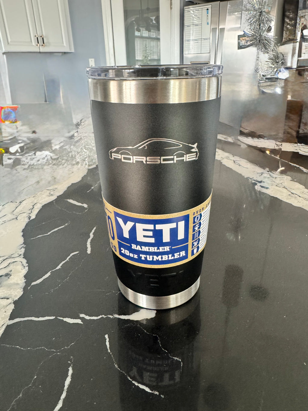 Porsche Stuttgart crest engraved on reverse side of 20oz YETI tumbler
