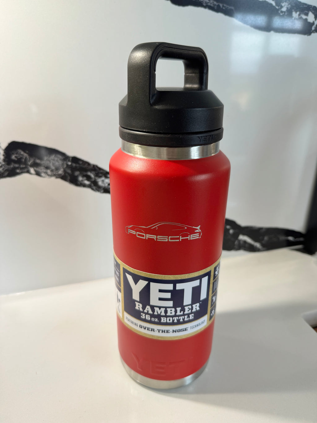 Porsche design engraved on reverse side of 36oz YETI tumbler with chug cap