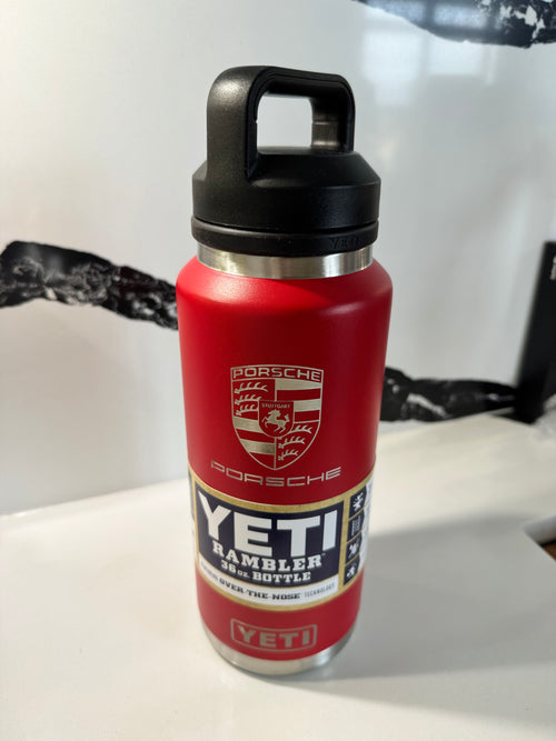 36oz YETI Rambler tumbler with Porsche Stuttgart crest laser engraved