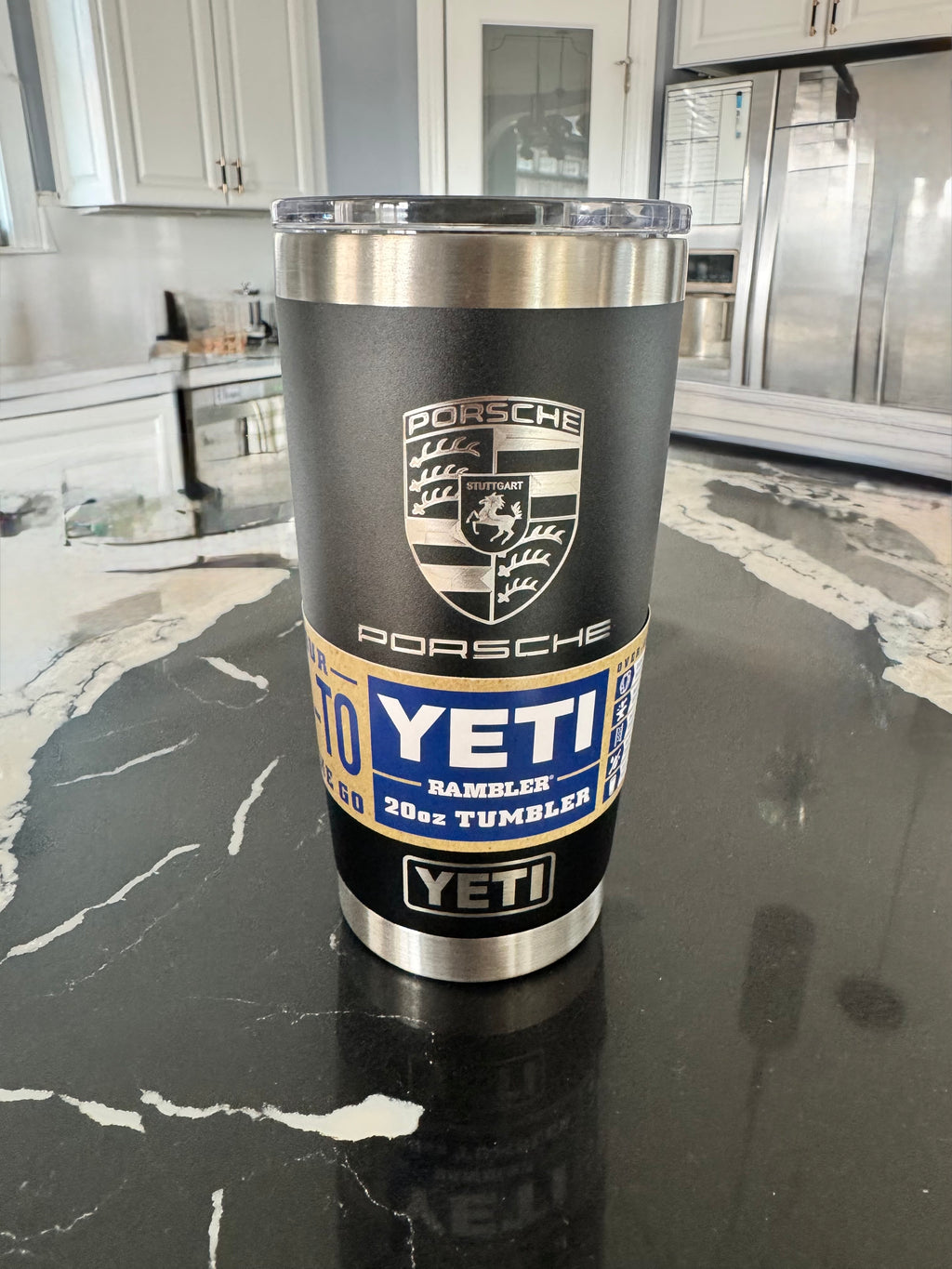 20oz YETI Rambler tumbler with Porsche Stuttgart crest laser engraved