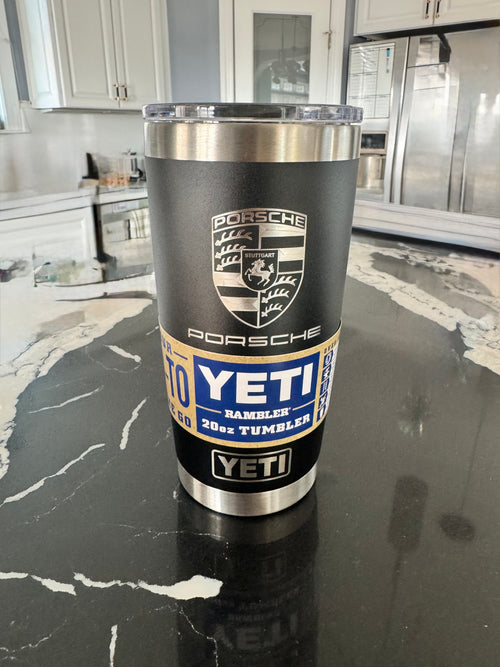 20oz YETI Rambler tumbler with Porsche Stuttgart crest laser engraved